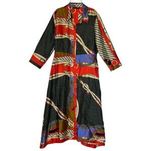 ZARA Scarf Print Satin Long Sleeve Button Midi Maxi Shirt Dress